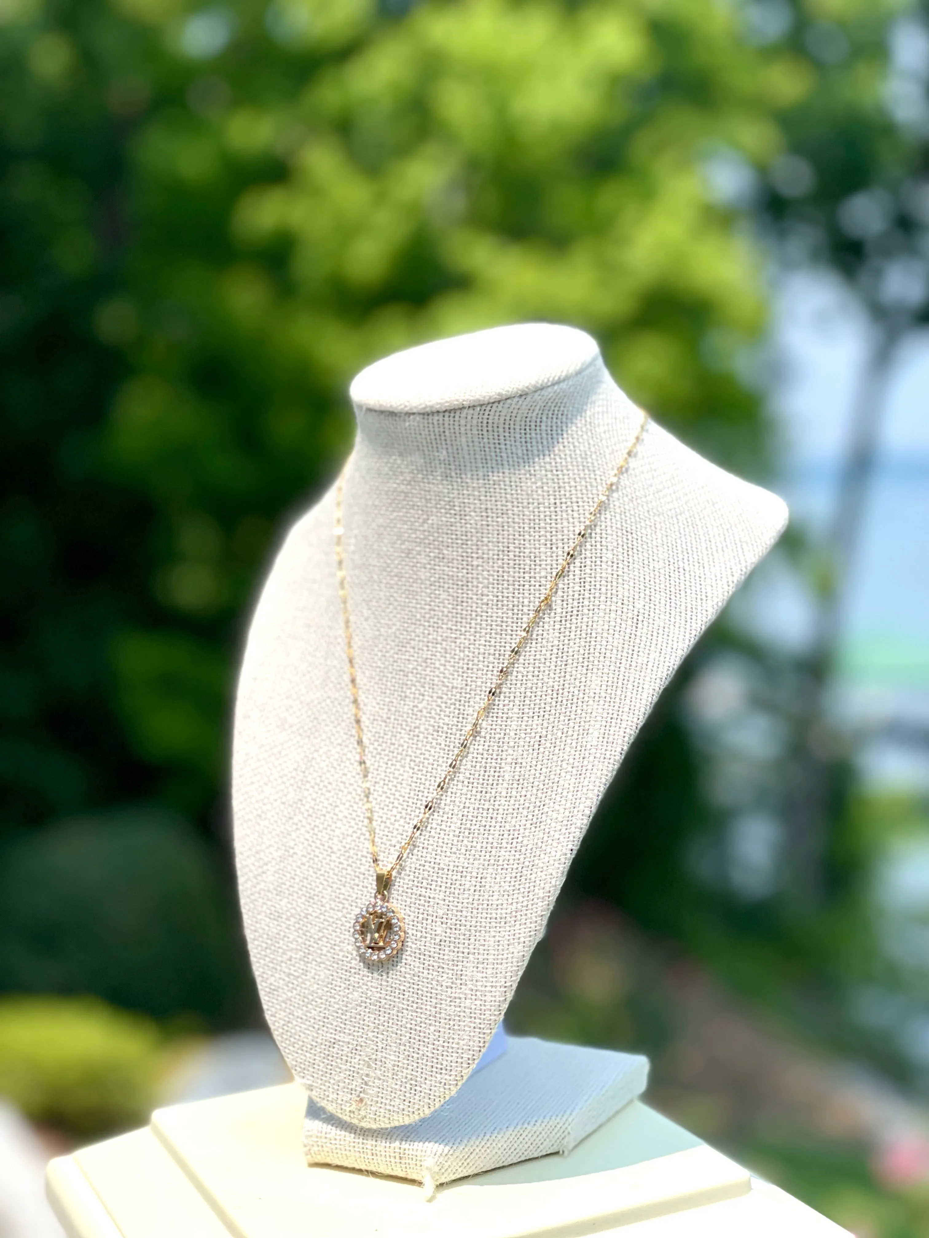 LV Swarovski Crystal Logo Necklace- GOLD