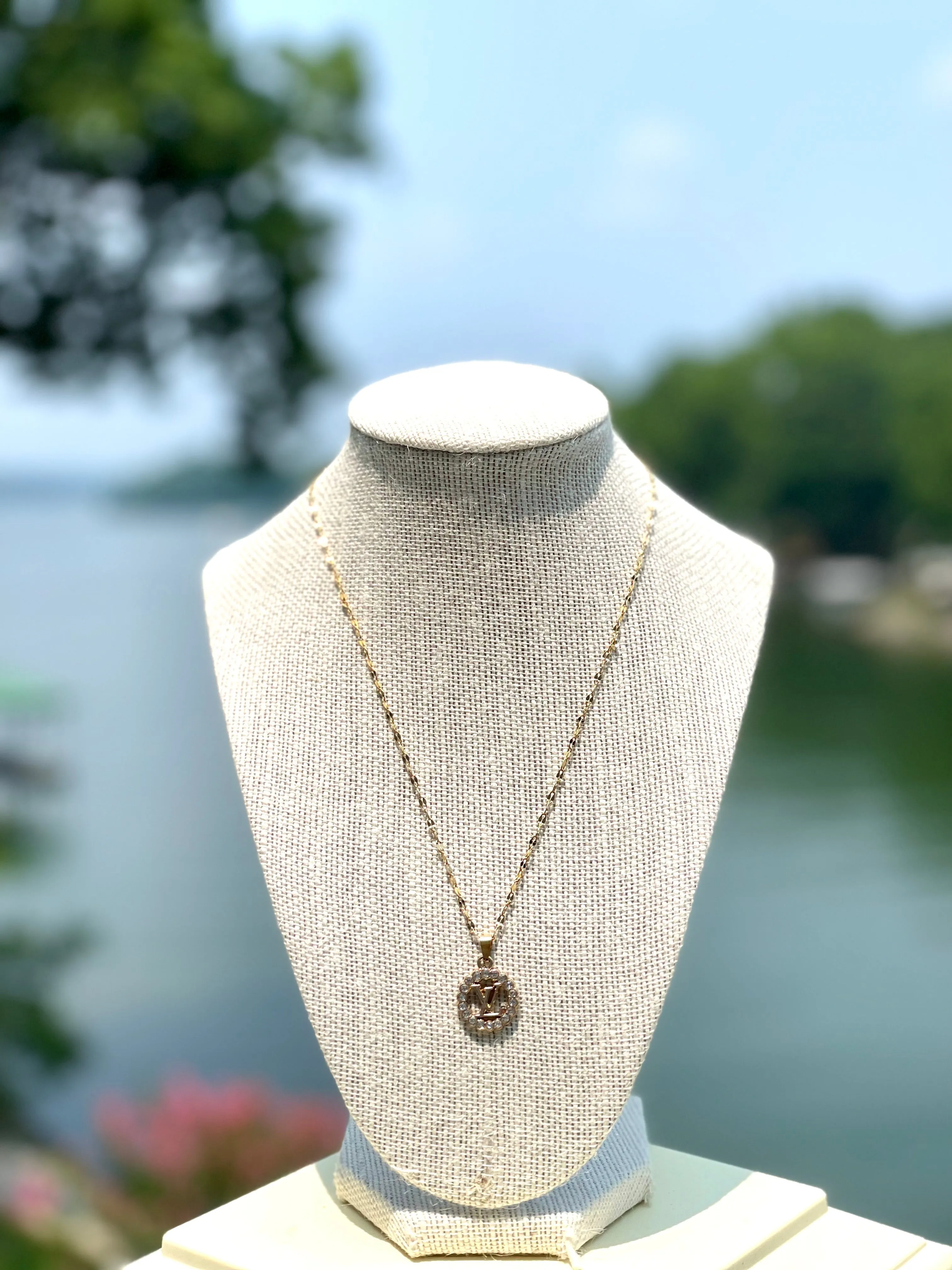 LV Swarovski Crystal Logo Necklace- GOLD