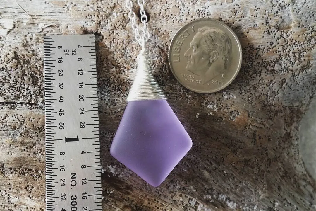 Made in Hawaii, Wire wrapped "Magical Color Changing" Purple sea glass necklace,  sea glass jewelry.