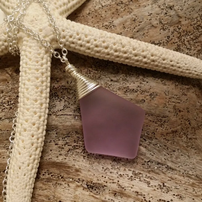 Made in Hawaii, Wire wrapped "Magical Color Changing" Purple sea glass necklace,  sea glass jewelry.
