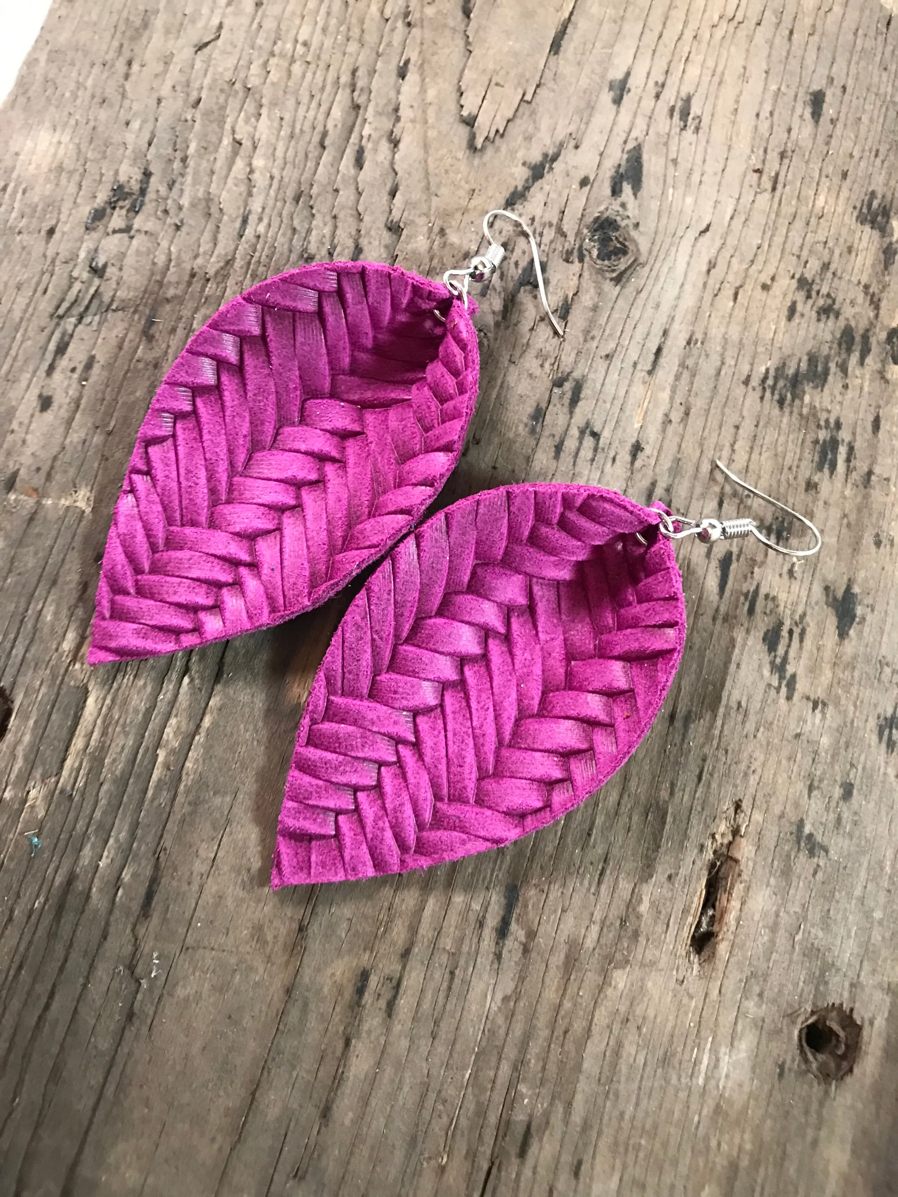Magenta textured leather earring
