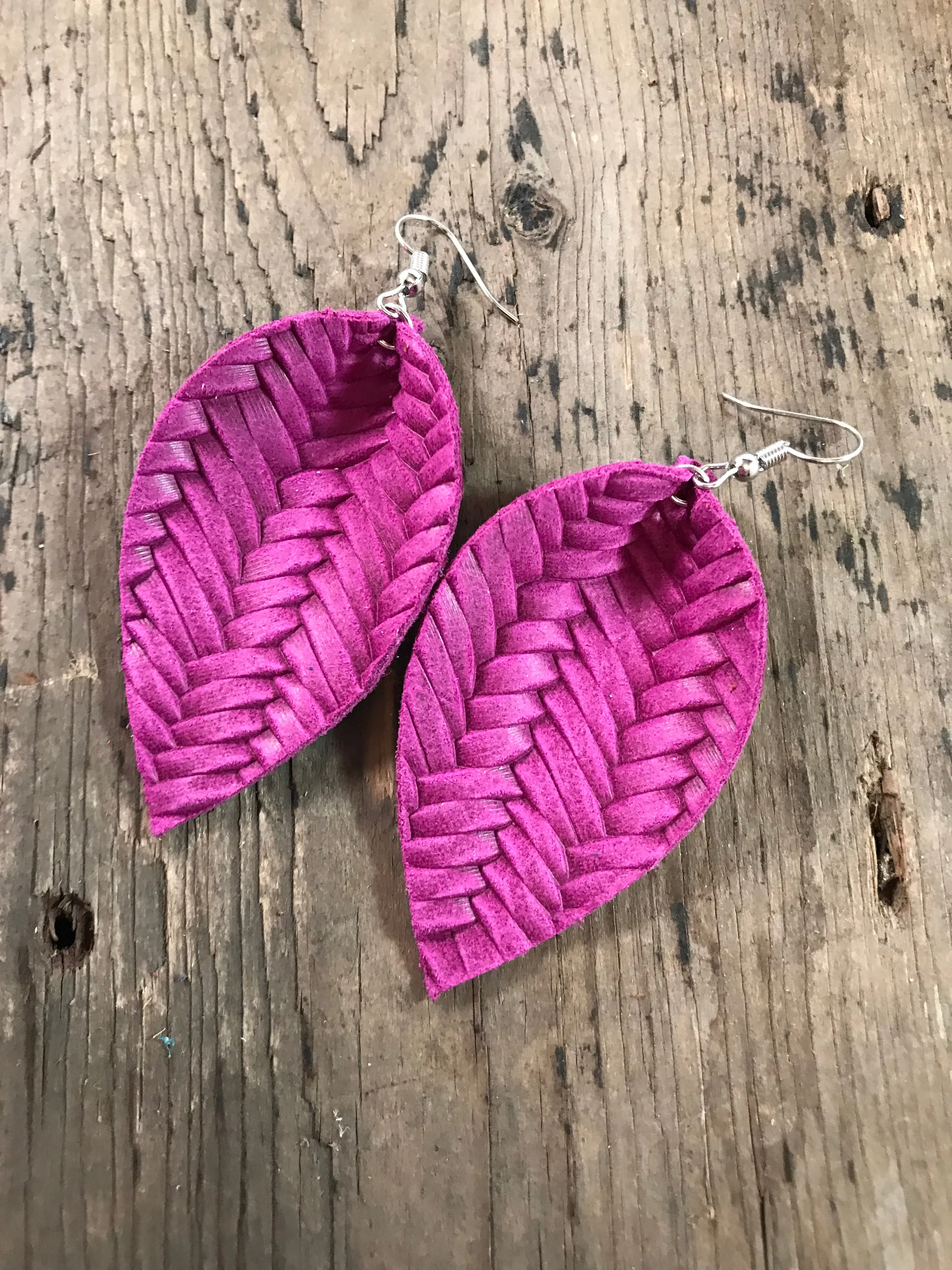 Magenta textured leather earring