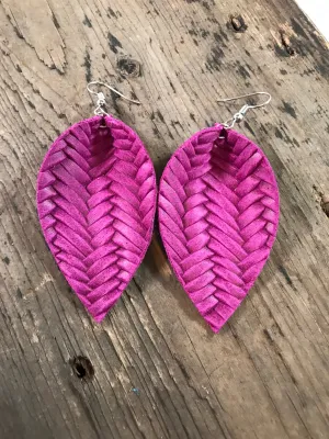 Magenta textured leather earring