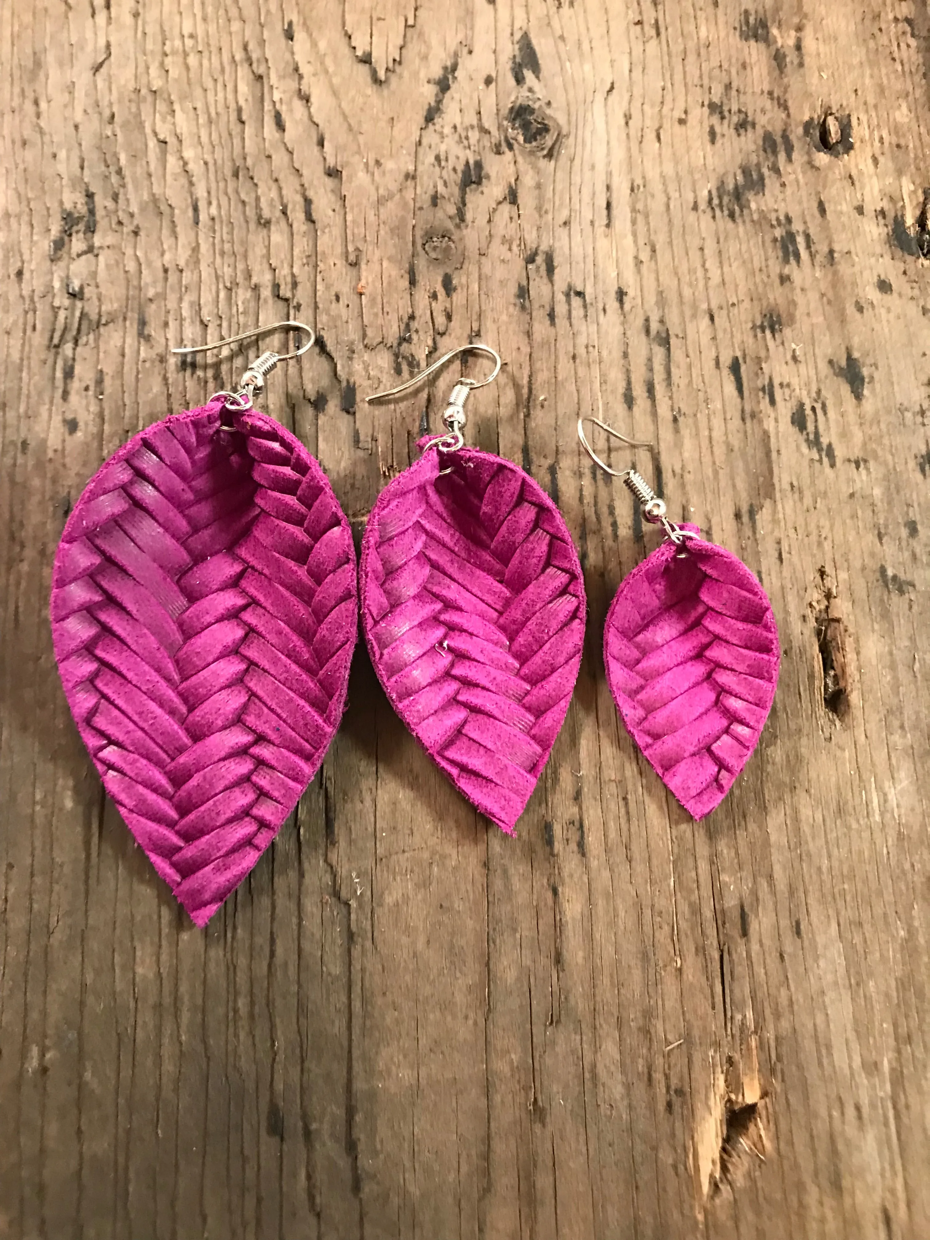 Magenta textured leather earring