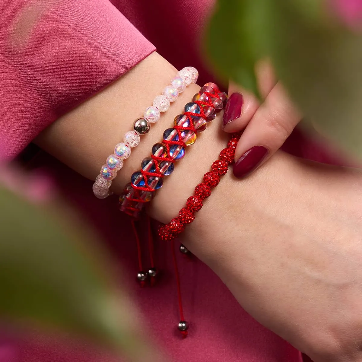 Marshmallow Chrome Glitter Glass x Red String Bracelet
