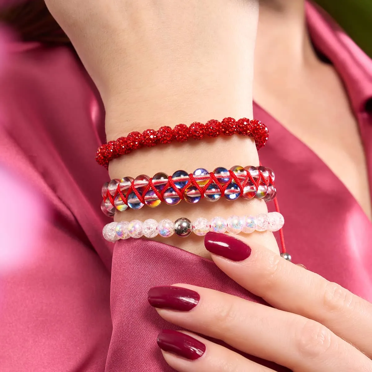 Marshmallow Chrome Glitter Glass x Red String Bracelet