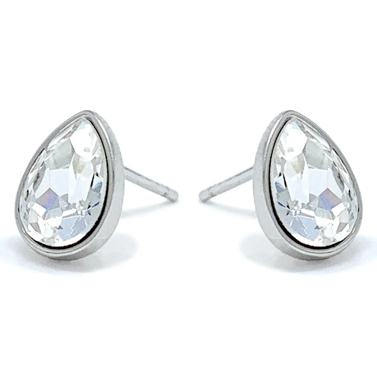 Mary Small Stud Earrings with White Clear Drop Crystals from Swarovski Silver Toned Rhodium Plated