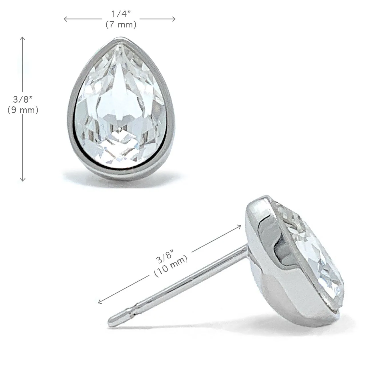 Mary Small Stud Earrings with White Clear Drop Crystals from Swarovski Silver Toned Rhodium Plated