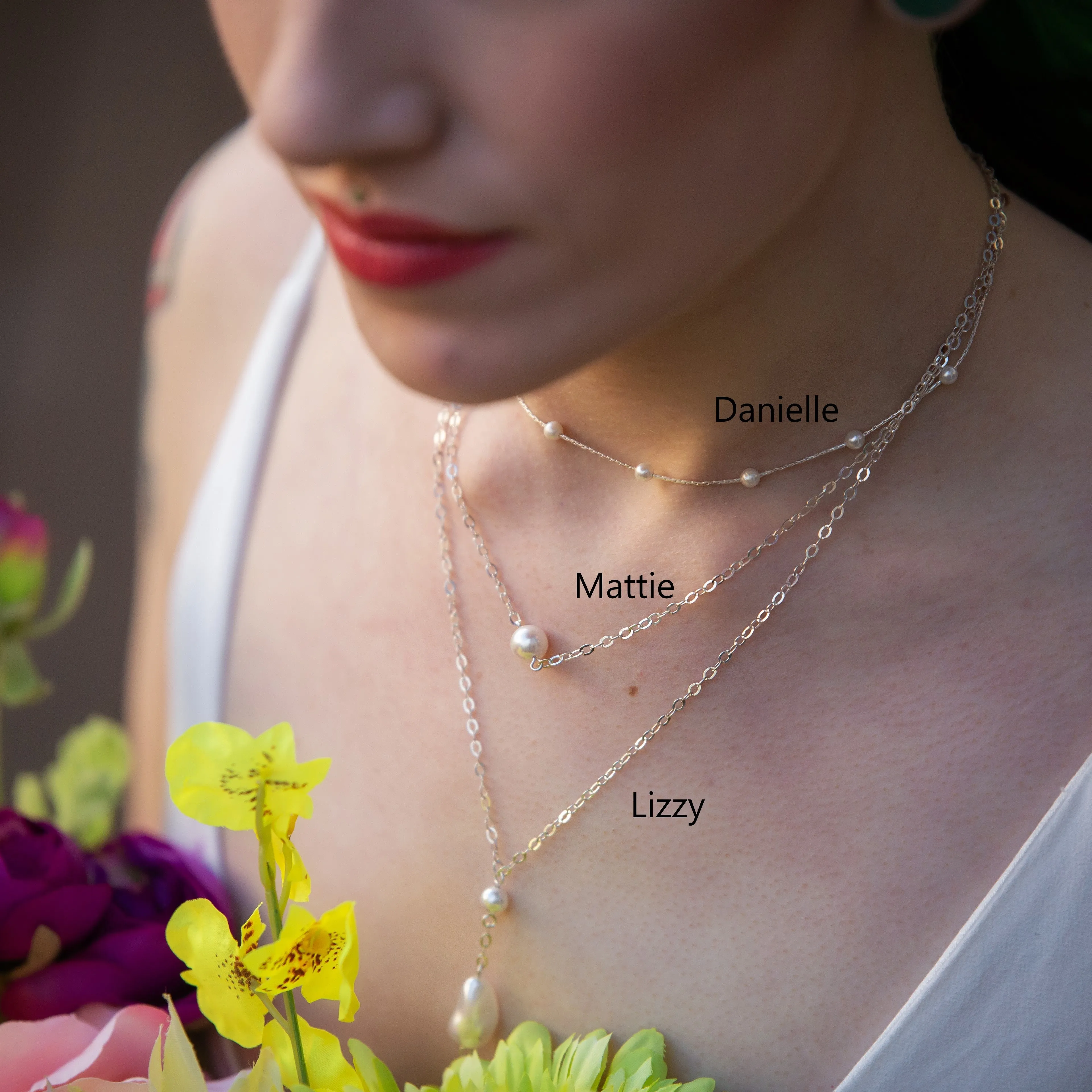 Mattie - silver-tone tiny chain and Swarovski crystal pearl pendant drop necklace