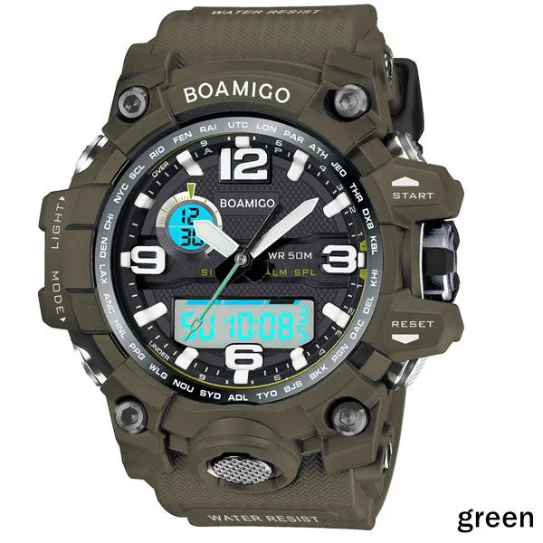 men sports watches dual display analog digital LED Electronic quartz watches BOAMIGO brand 50M water resistant swimming watches