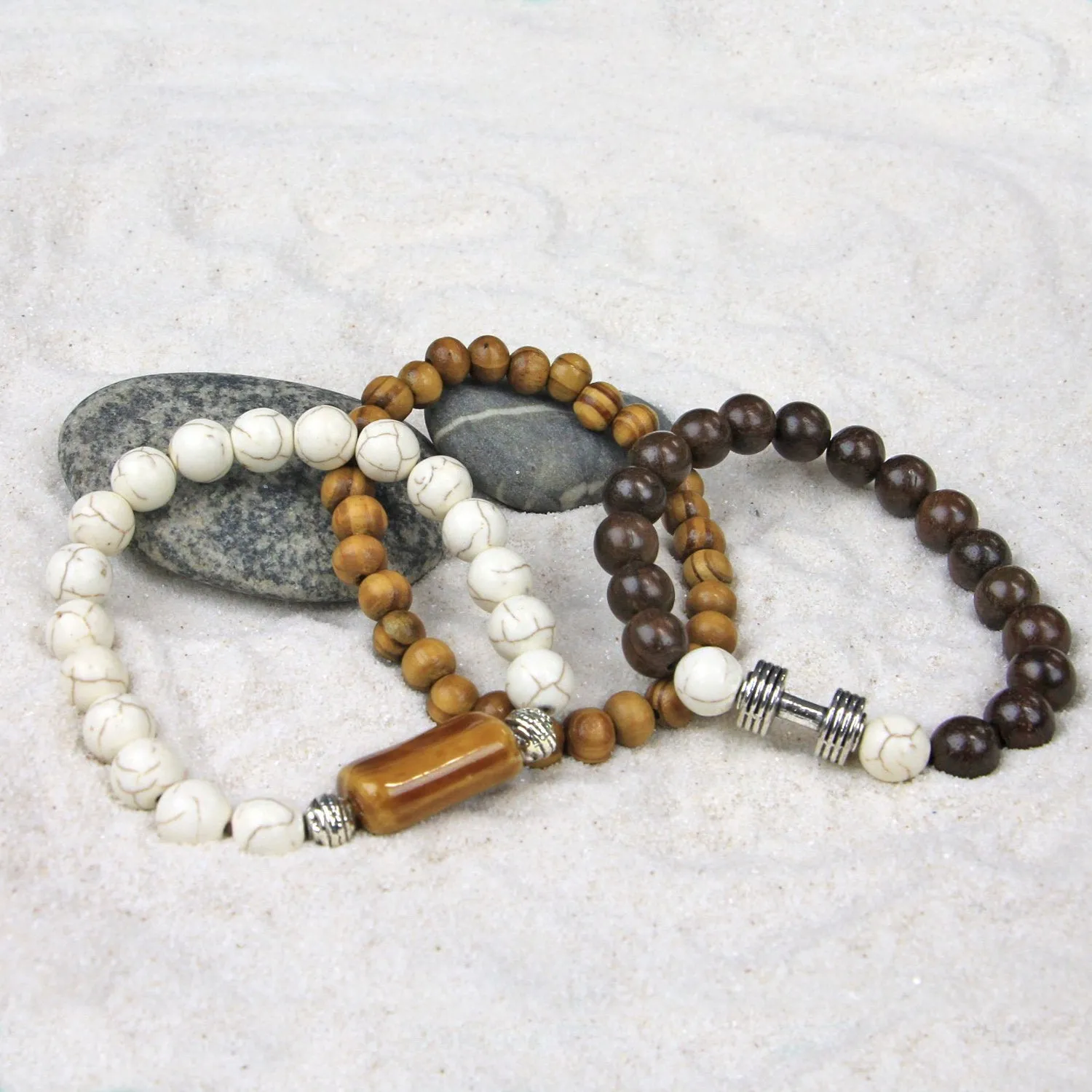 Men's Bracelets Set of 3 Beaded Stretch Bracelets Stack of Earth Tones - M8