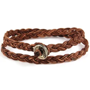 Mens Coco Brown Leather Wrap Bracelet with Silver Button Closure