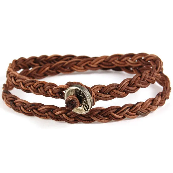 Mens Coco Brown Leather Wrap Bracelet with Silver Button Closure