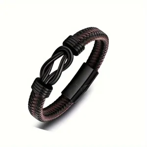 Men's Dark Brown Braided Leather Bracelet with Magnetic Clasp