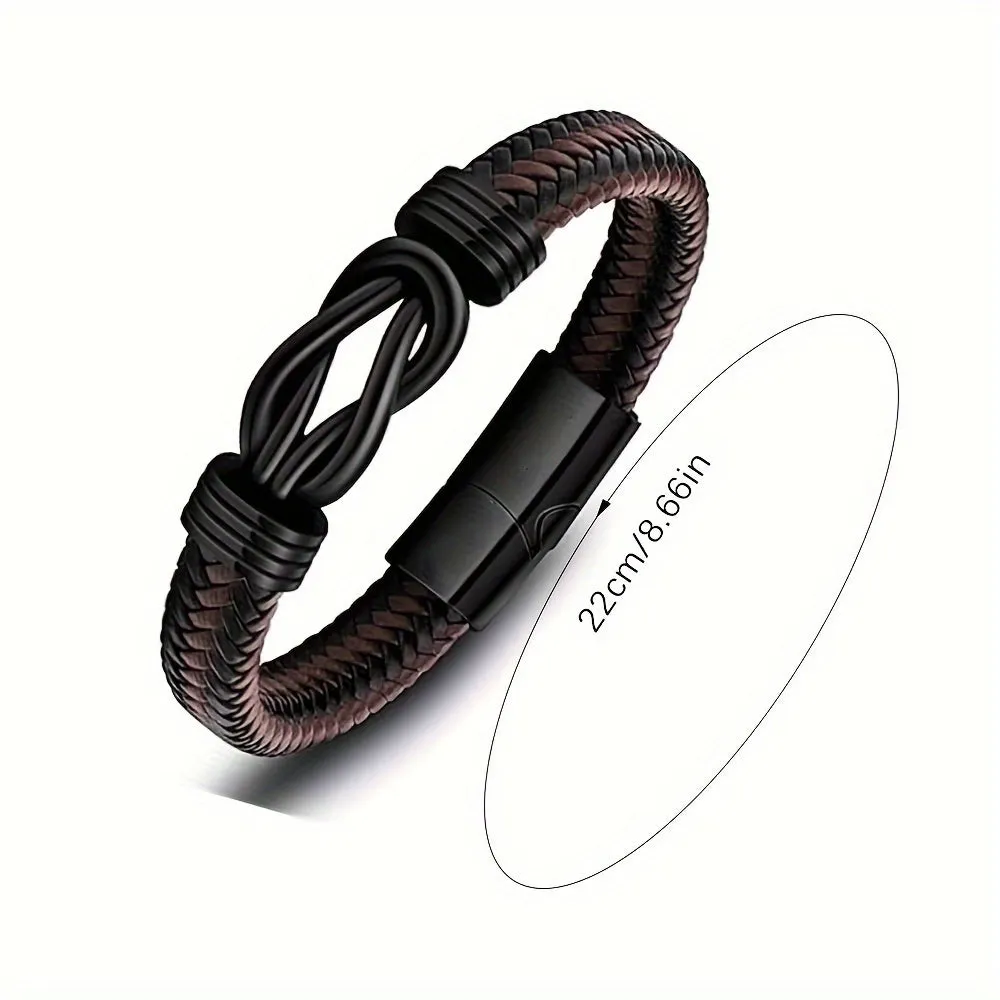 Men's Dark Brown Braided Leather Bracelet with Magnetic Clasp