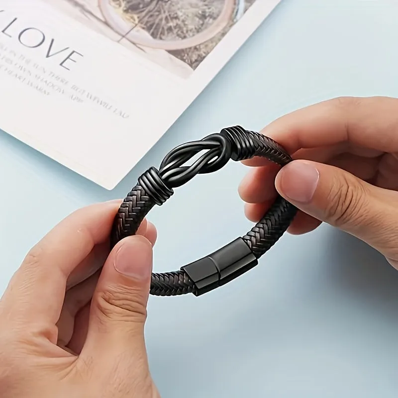 Men's Dark Brown Braided Leather Bracelet with Magnetic Clasp