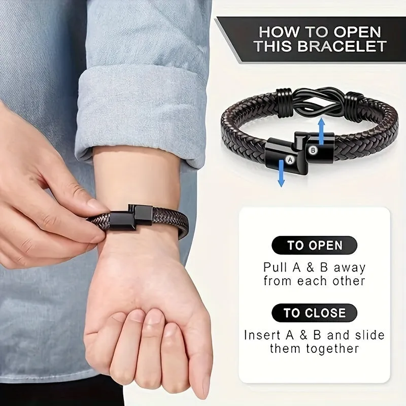 Men's Dark Brown Braided Leather Bracelet with Magnetic Clasp