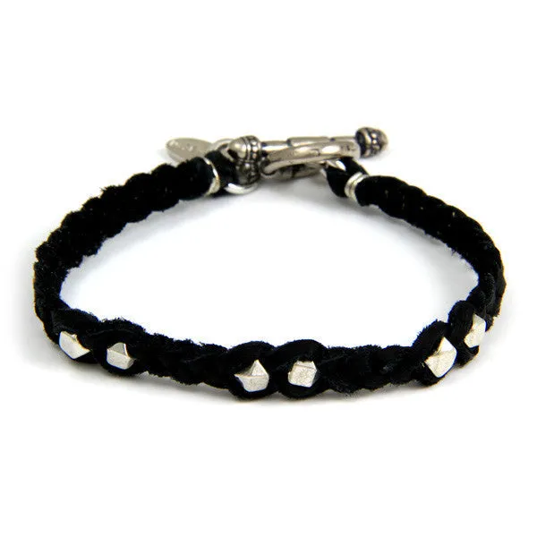 Mens Silver Faceted Bead Black Braided Bracelet