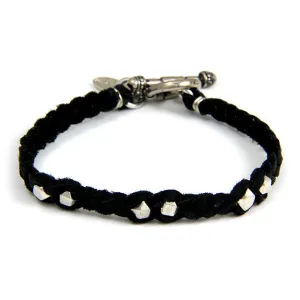 Mens Silver Faceted Bead Black Braided Bracelet