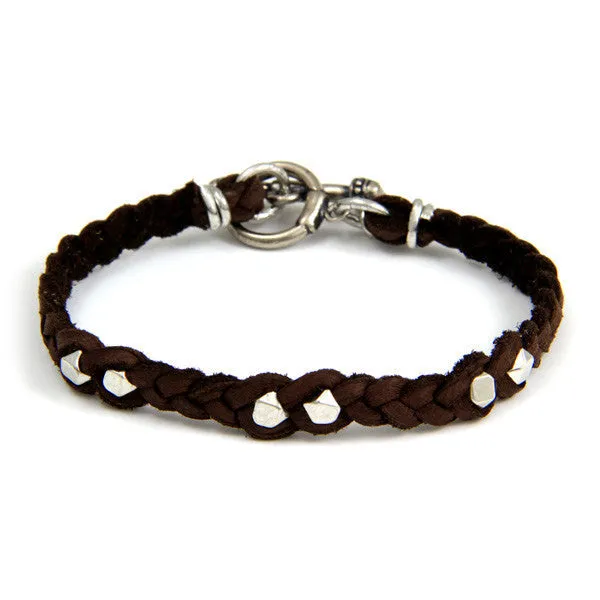 Mens Silver Faceted Bead Brown Braided Bracelet