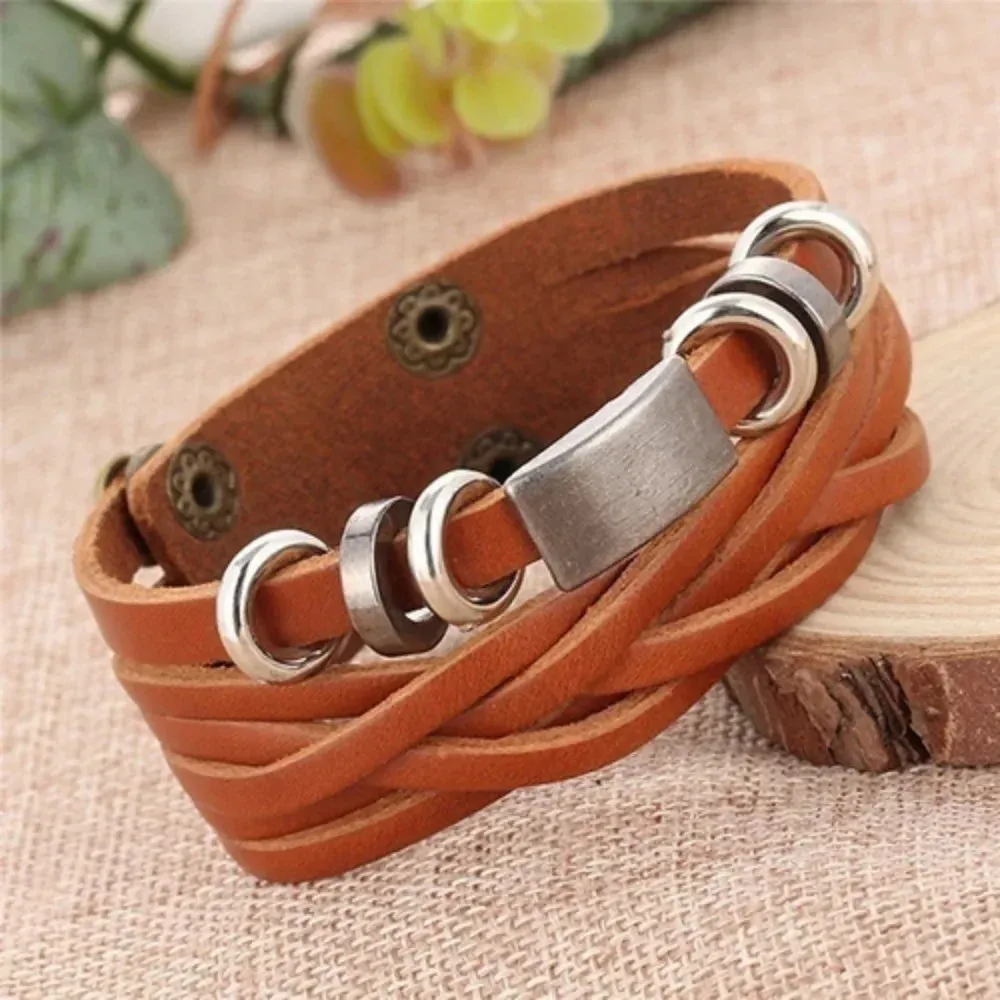 Mens Vintage Multilayer Braided Faux Leather Bangle Cuff Bracelet Wristband