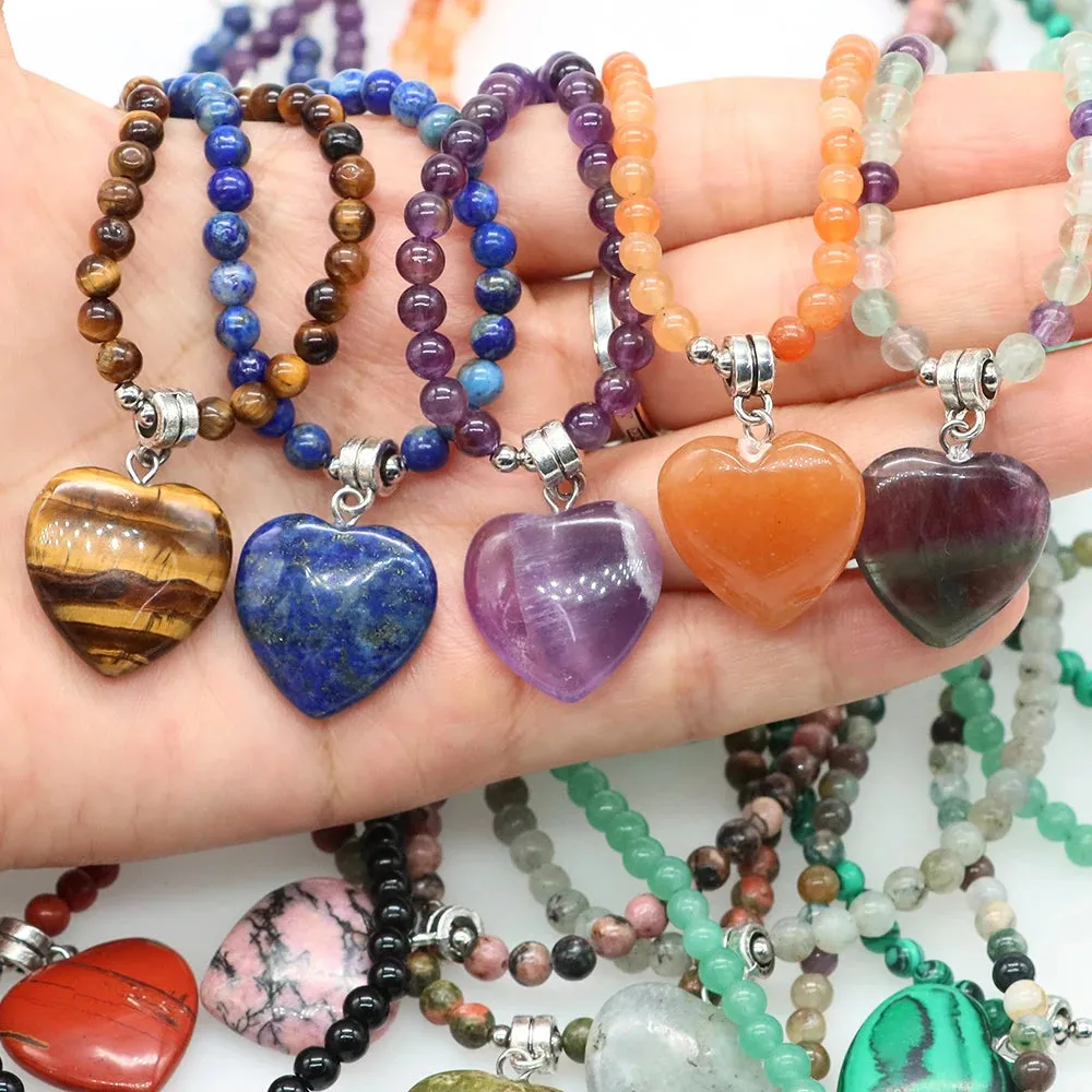 Mini Love Heart Shaped Stone Pendants Necklaces Natural Crystals