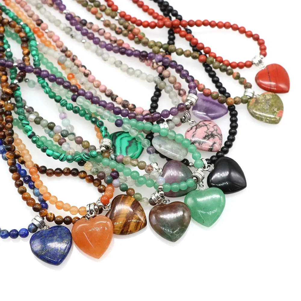 Mini Love Heart Shaped Stone Pendants Necklaces Natural Crystals