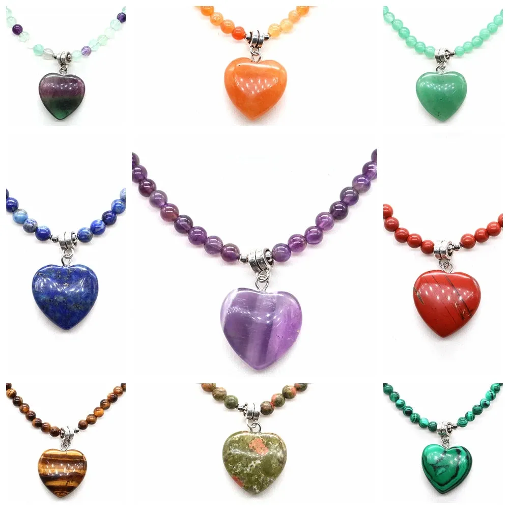 Mini Love Heart Shaped Stone Pendants Necklaces Natural Crystals