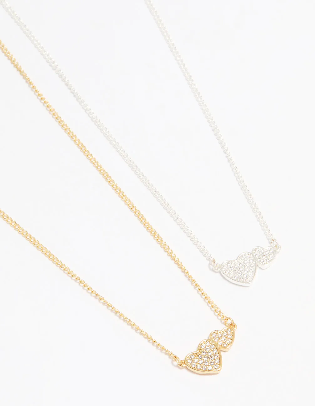 Mixed Metal Cubic Zirconia Heart Link Necklaces 2-Pack