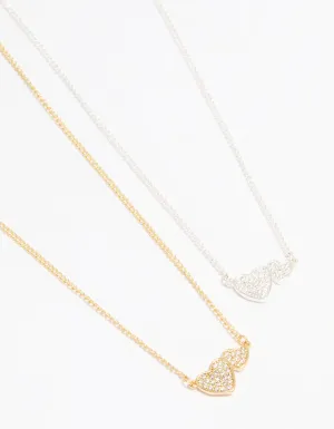 Mixed Metal Cubic Zirconia Heart Link Necklaces 2-Pack