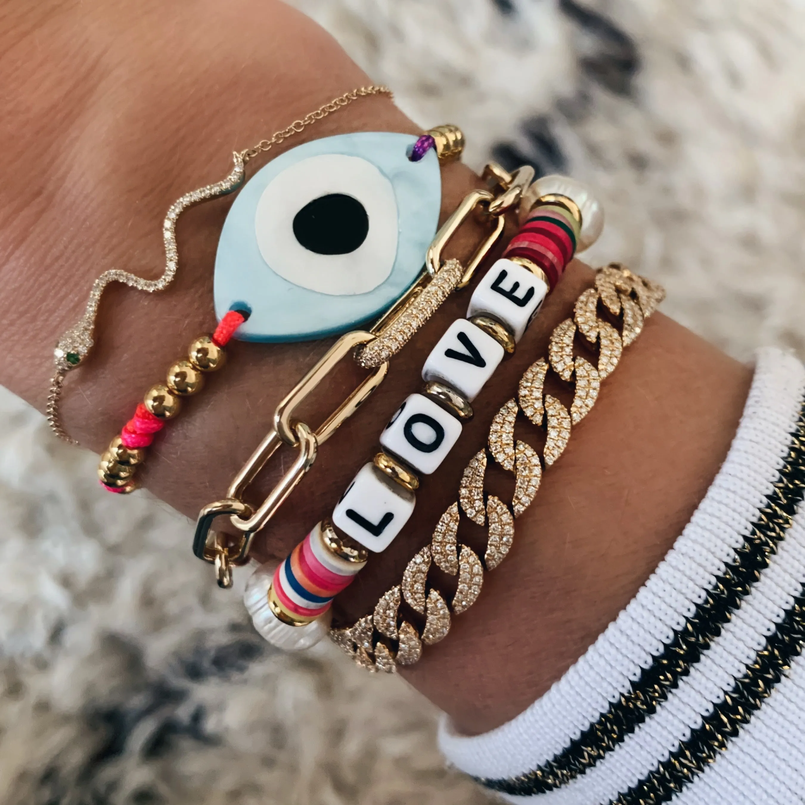 Mother of Pearl Evil Eye On Gold Filled Beads & Rainbow Thread Bracelet