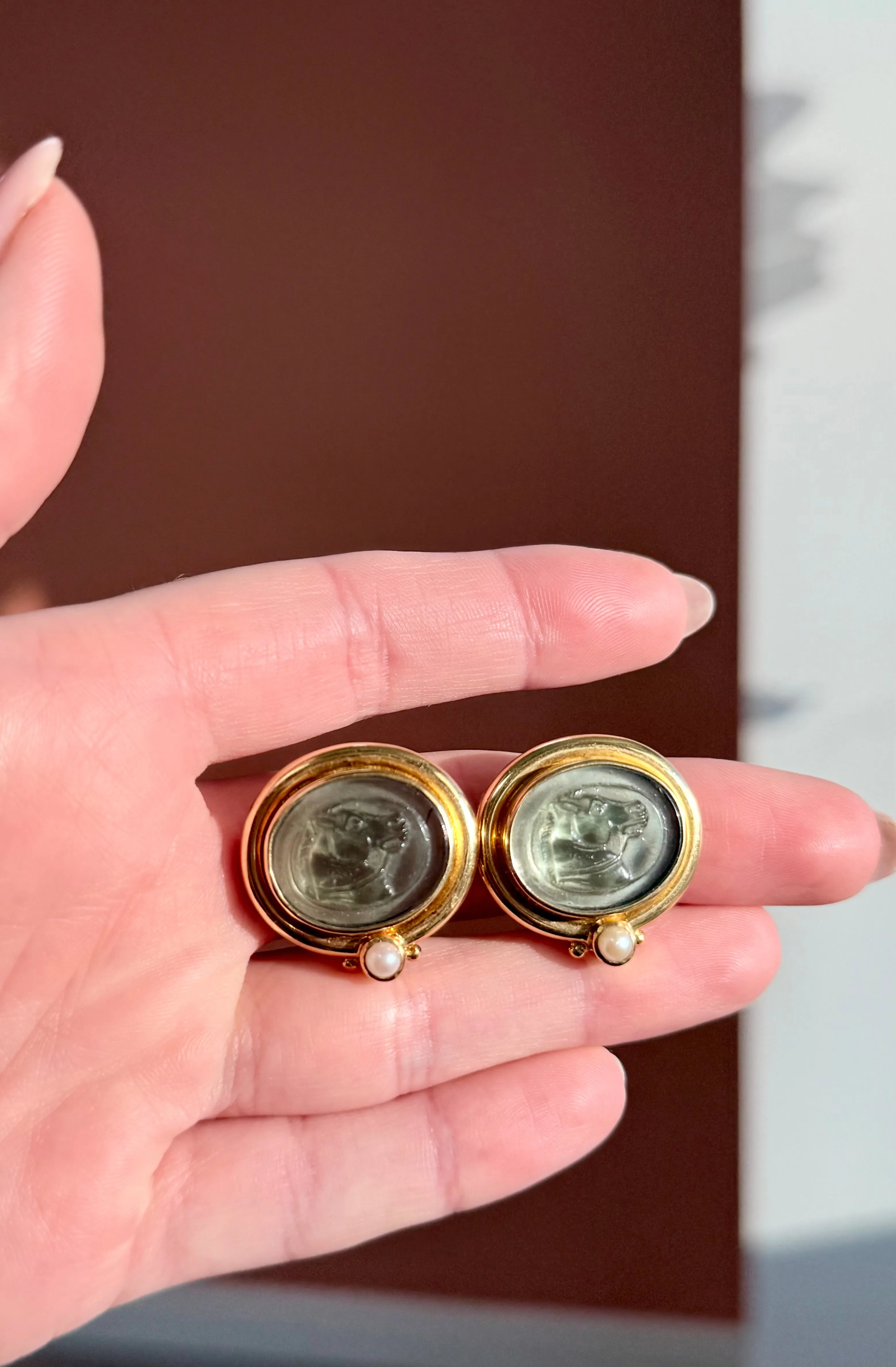 Mother Pearl, Pearl & Glass Horse Head Earrings, 18k