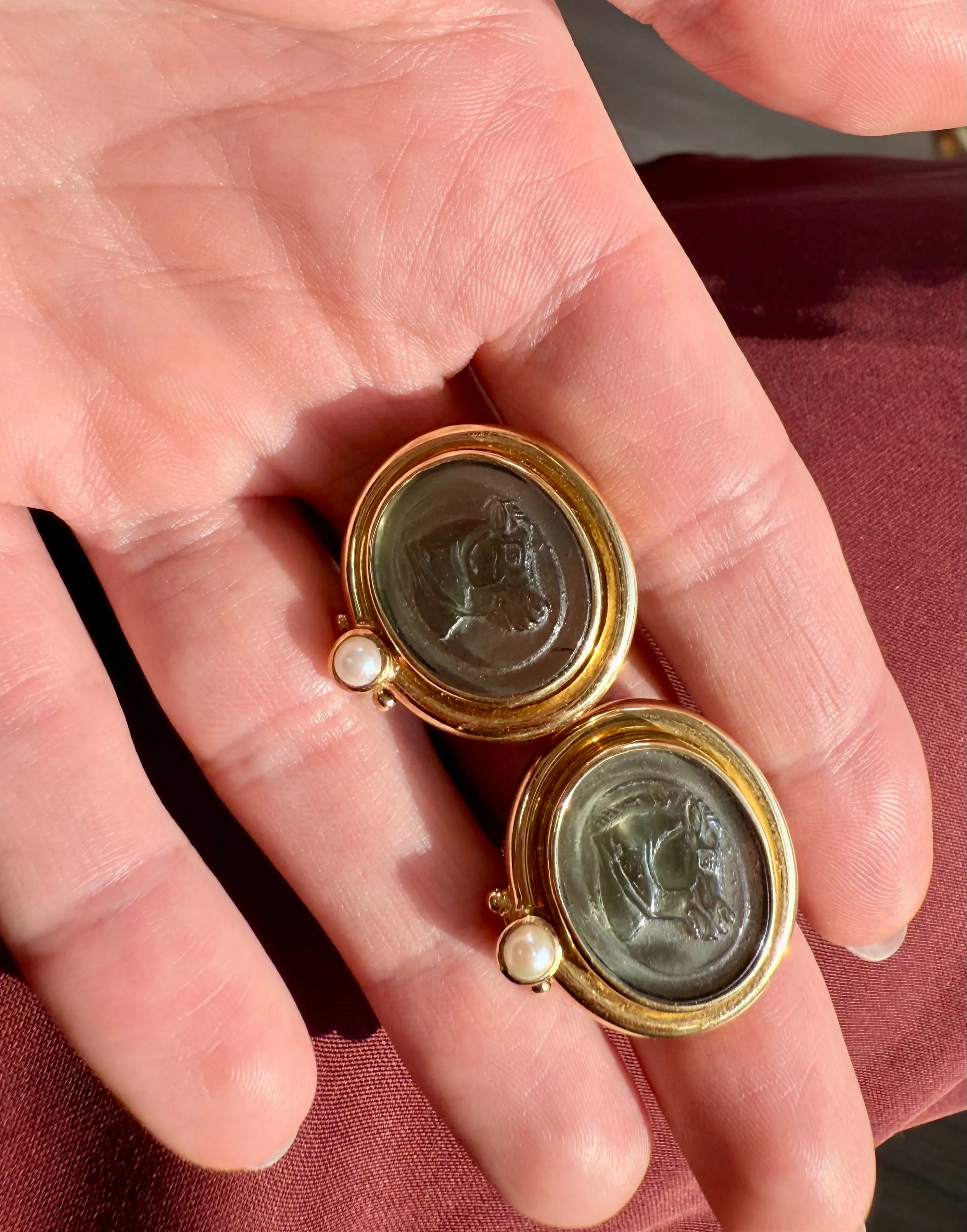 Mother Pearl, Pearl & Glass Horse Head Earrings, 18k