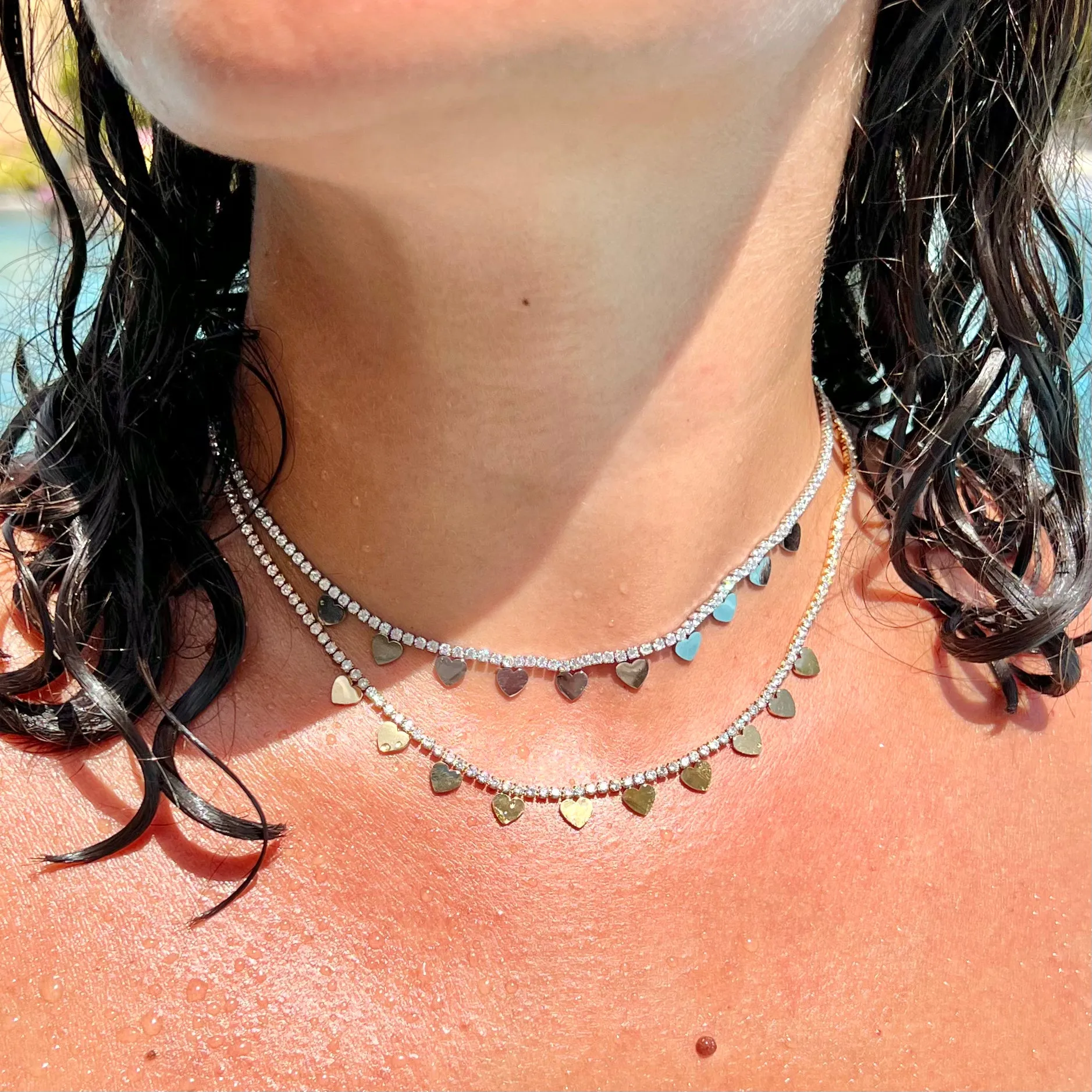 Multi Heart With Crystal Silver Necklace