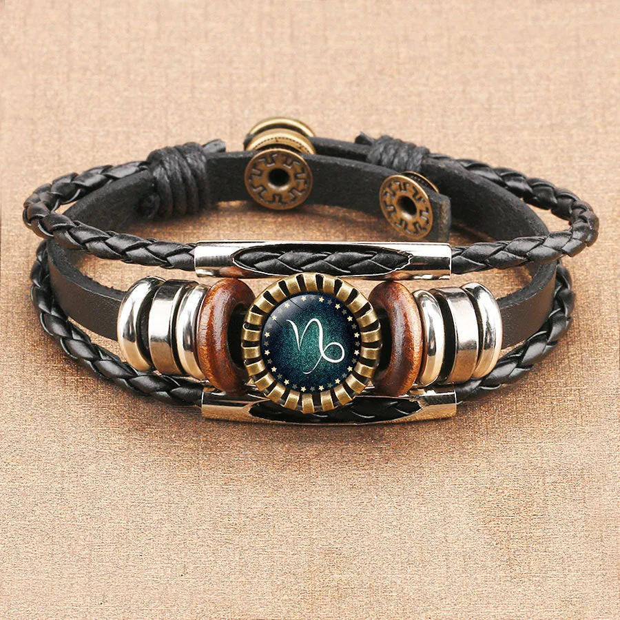 Multilayer Leather Bracelet 12 Constellation Zodiac Sign Men Braided Bracelets