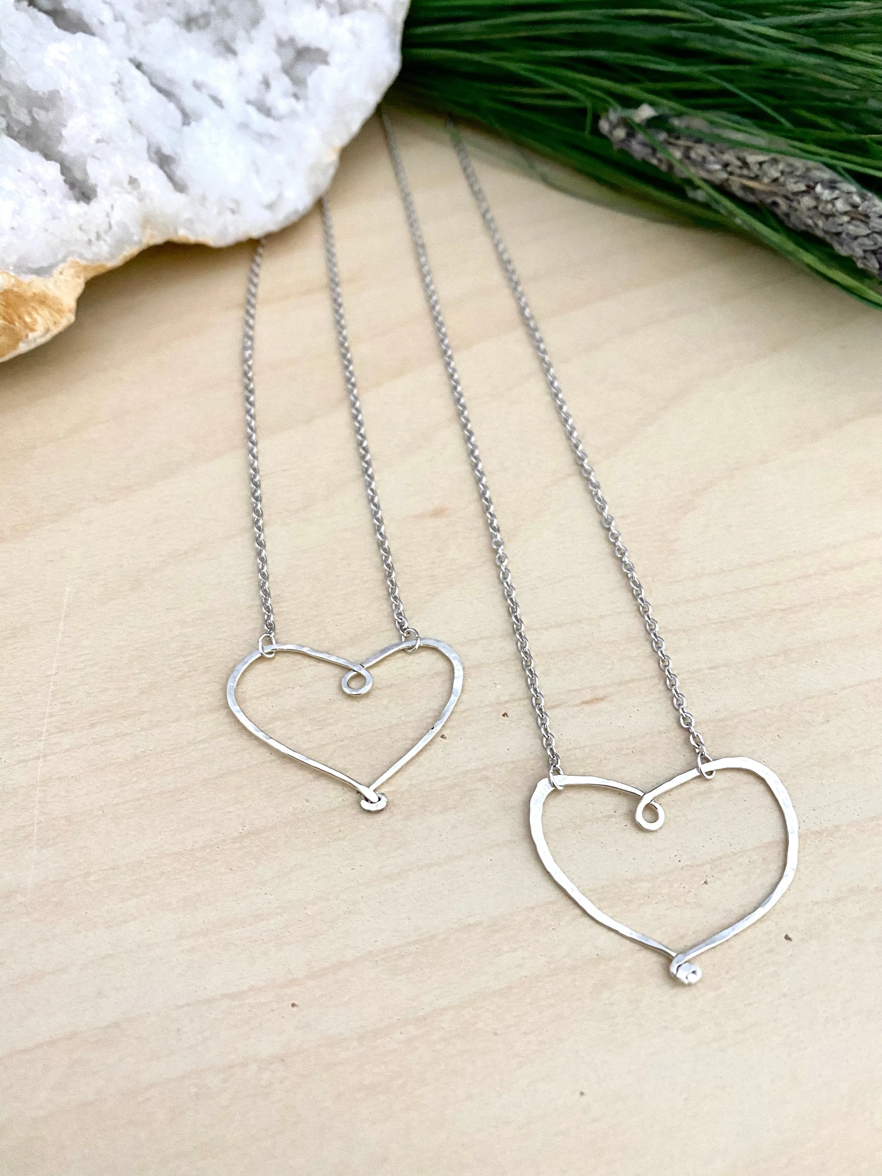 Open Hearts Necklace - Hammered textured Heart Necklaces - Sterling silver or Gold Filled