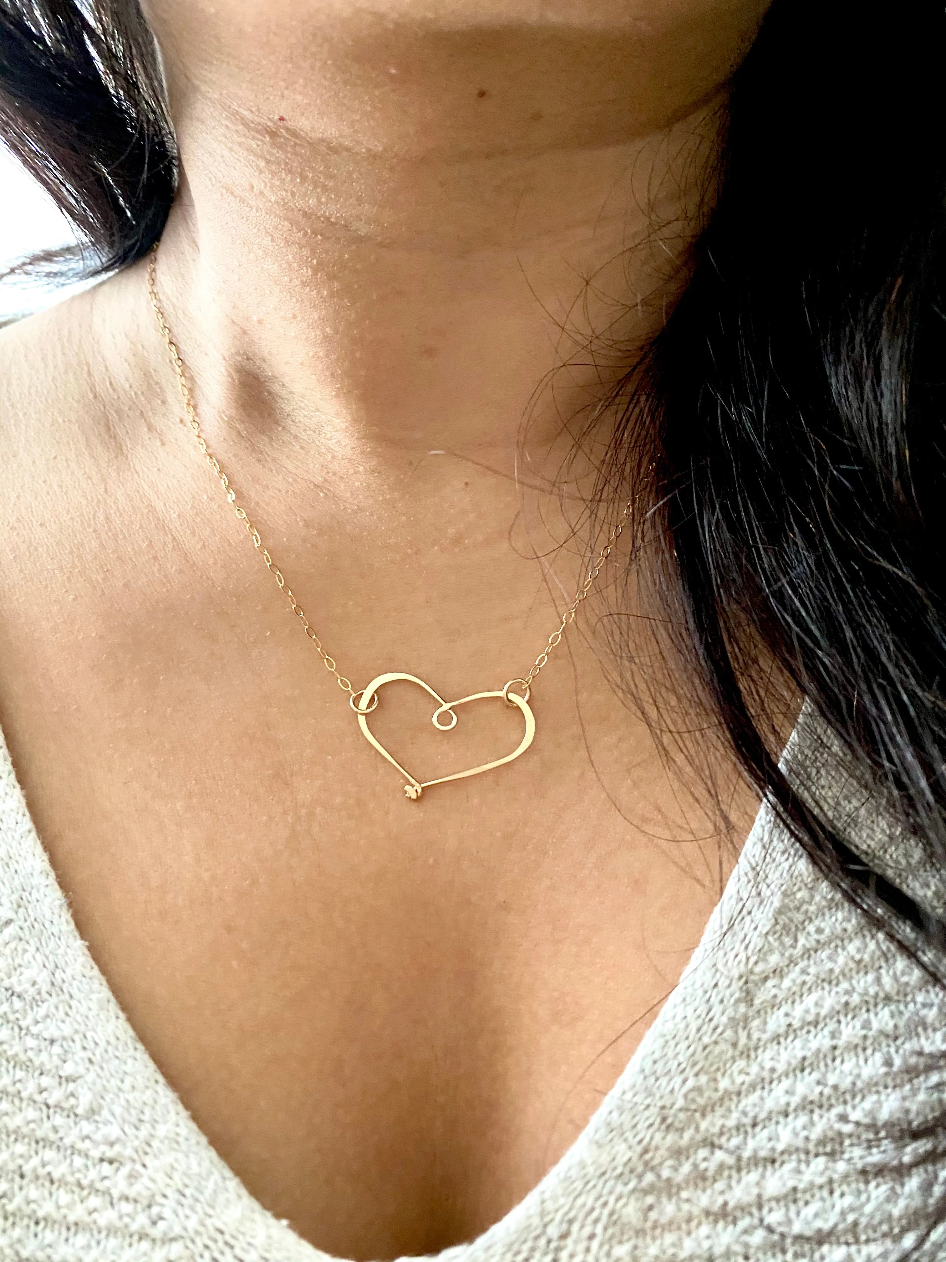 Open Hearts Necklace - Hammered textured Heart Necklaces - Sterling silver or Gold Filled