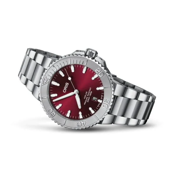 Oris Aquis Silver Stainless Steel Red Dial Automatic Watch for Gents - 0173377304158078245PEB