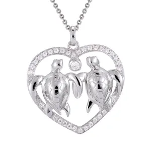Pave CZ Swimming Love Turtle Heart Pendant