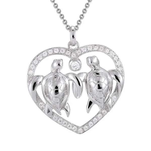 Pave CZ Swimming Love Turtle Heart Pendant