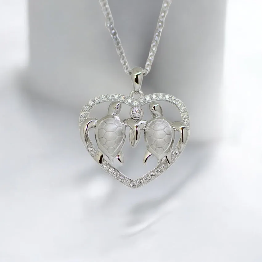 Pave CZ Swimming Love Turtle Heart Pendant