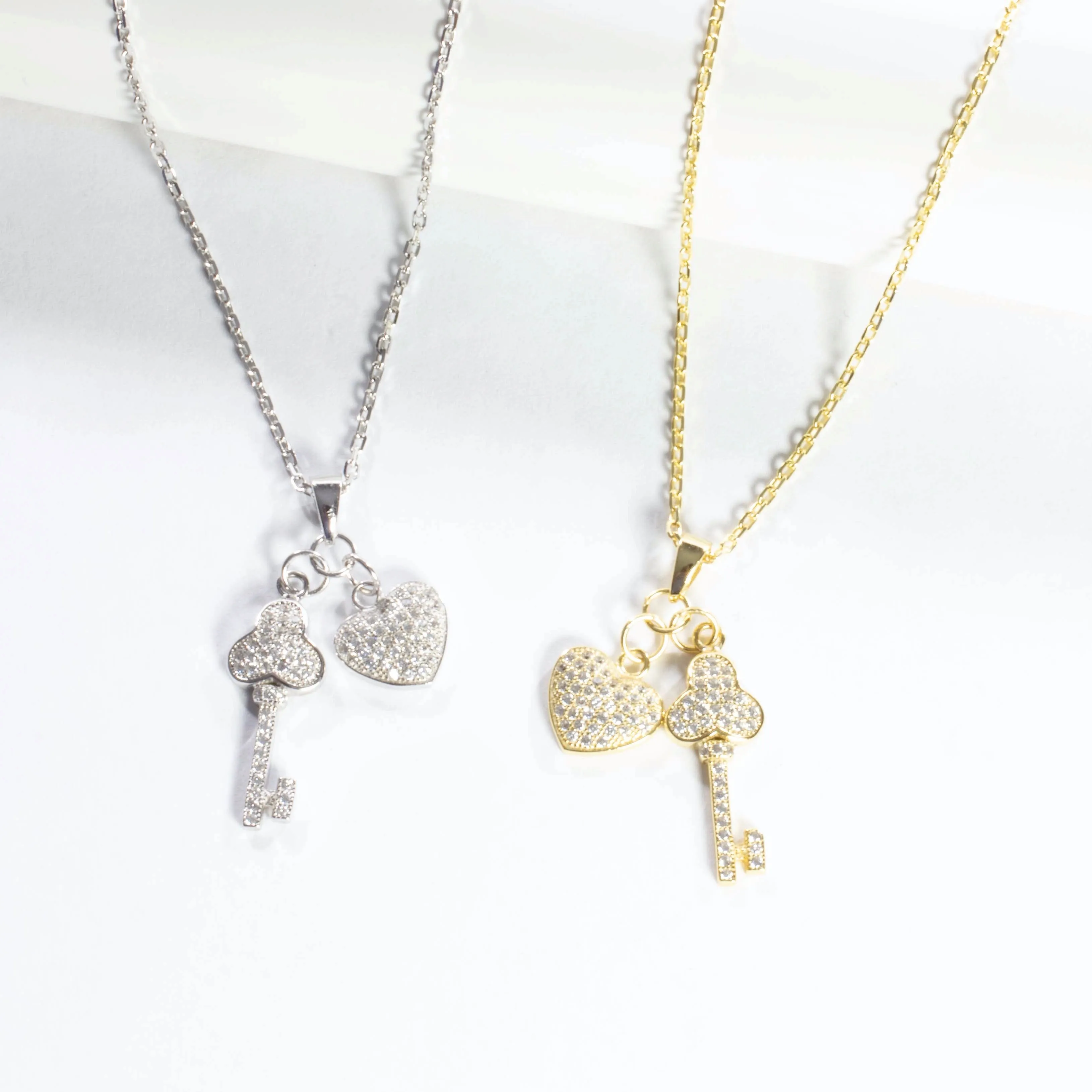Pave Heart and Key Pendant Necklace