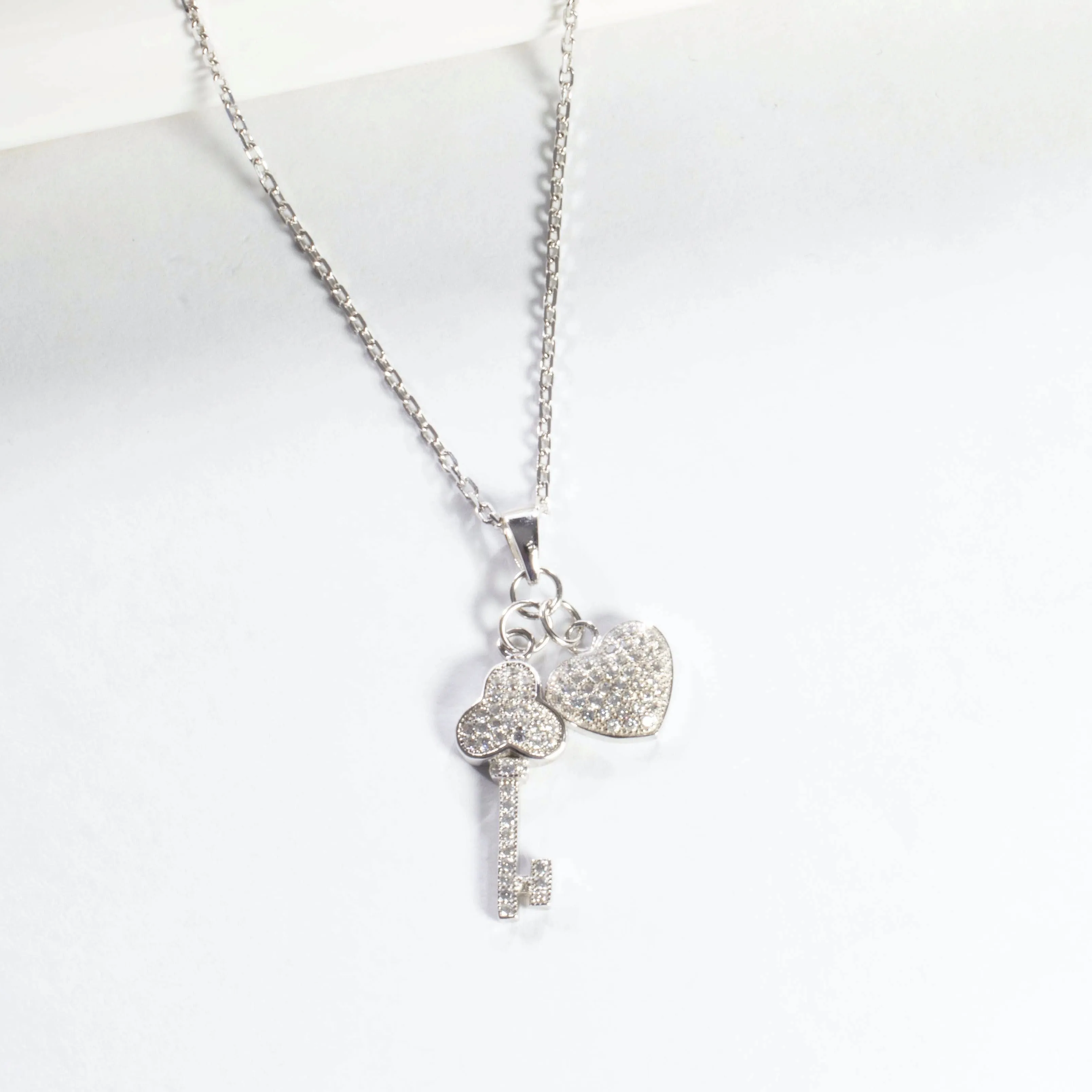 Pave Heart and Key Pendant Necklace
