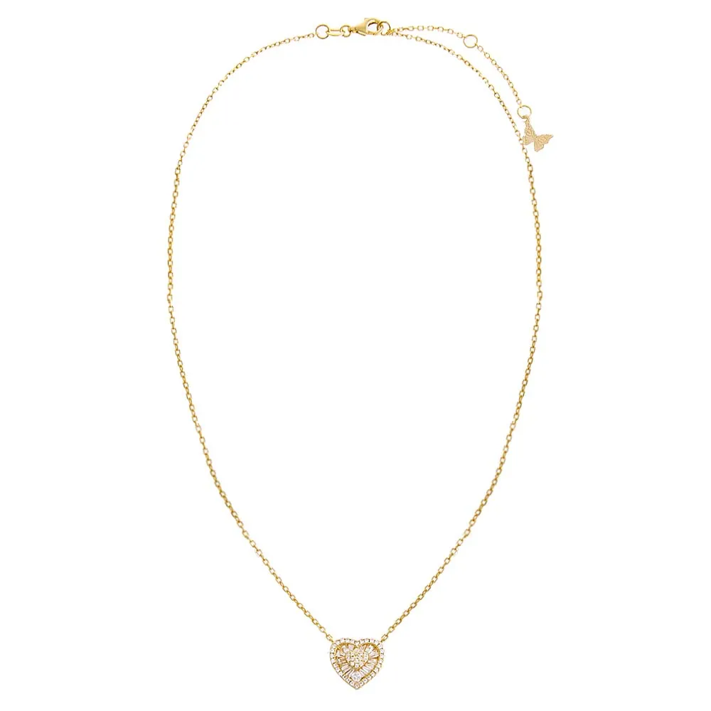 Pave X Baguette Heart Pendant Necklace