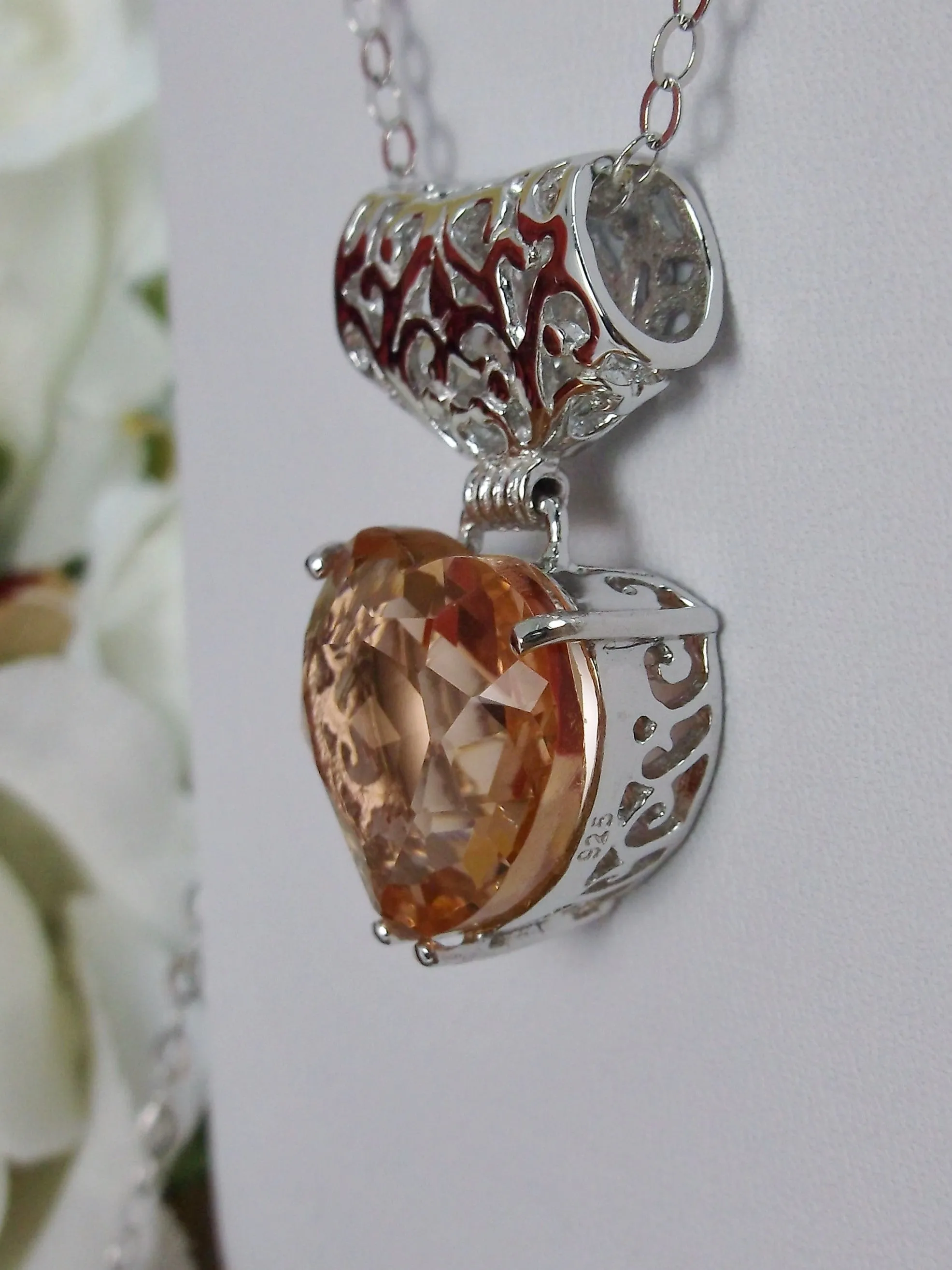 Peach Topaz Pendant, Heart Gem, Art Nouveau Necklace #P38