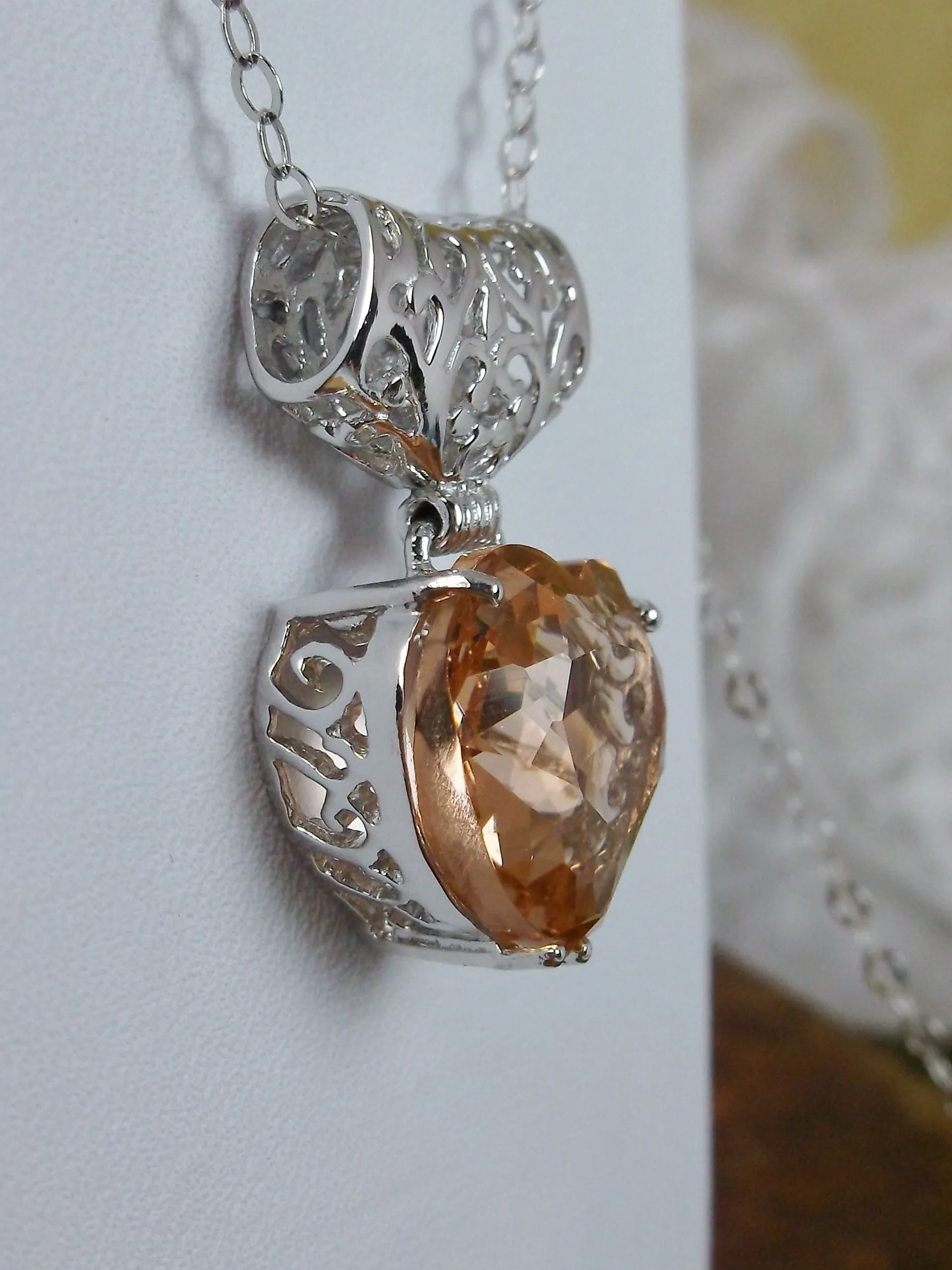 Peach Topaz Pendant, Heart Gem, Art Nouveau Necklace #P38