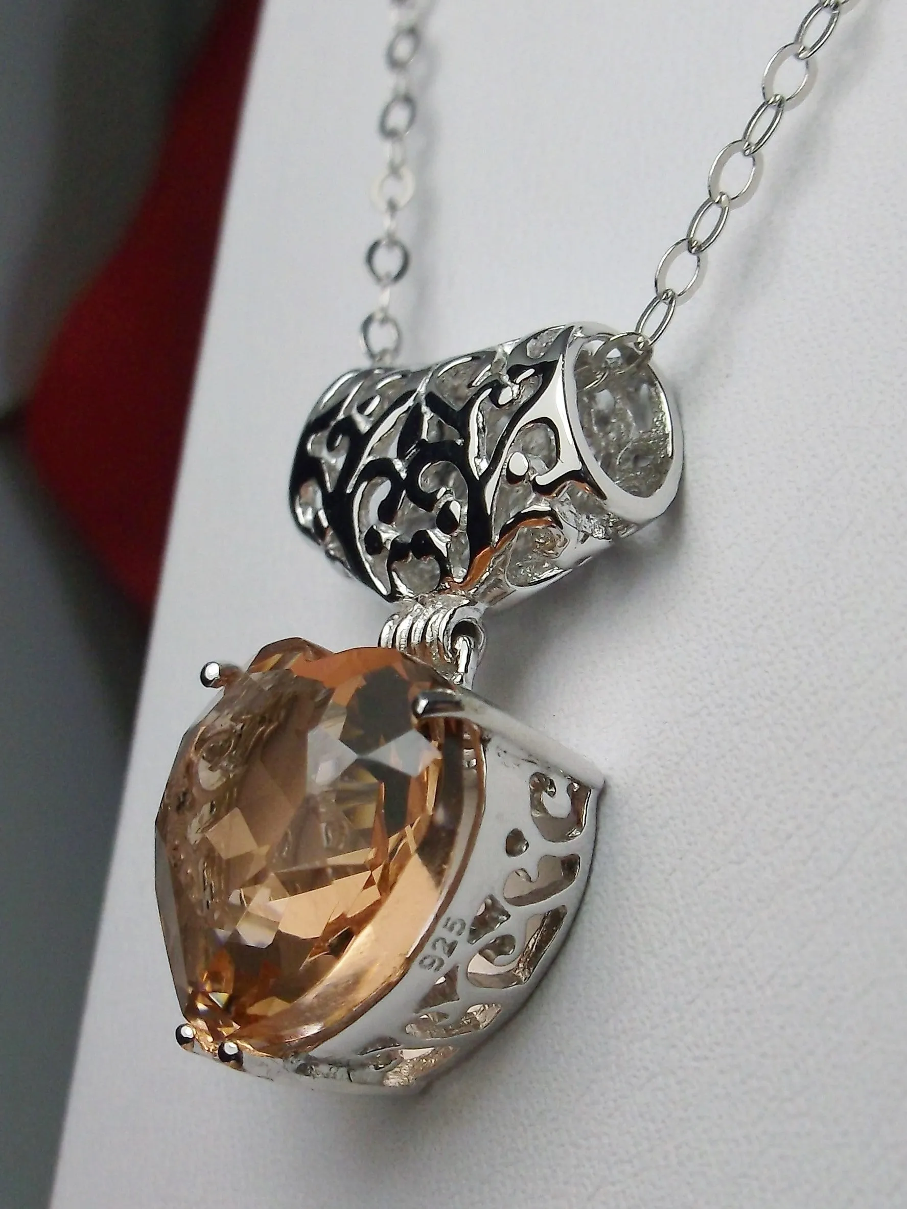 Peach Topaz Pendant, Heart Gem, Art Nouveau Necklace #P38