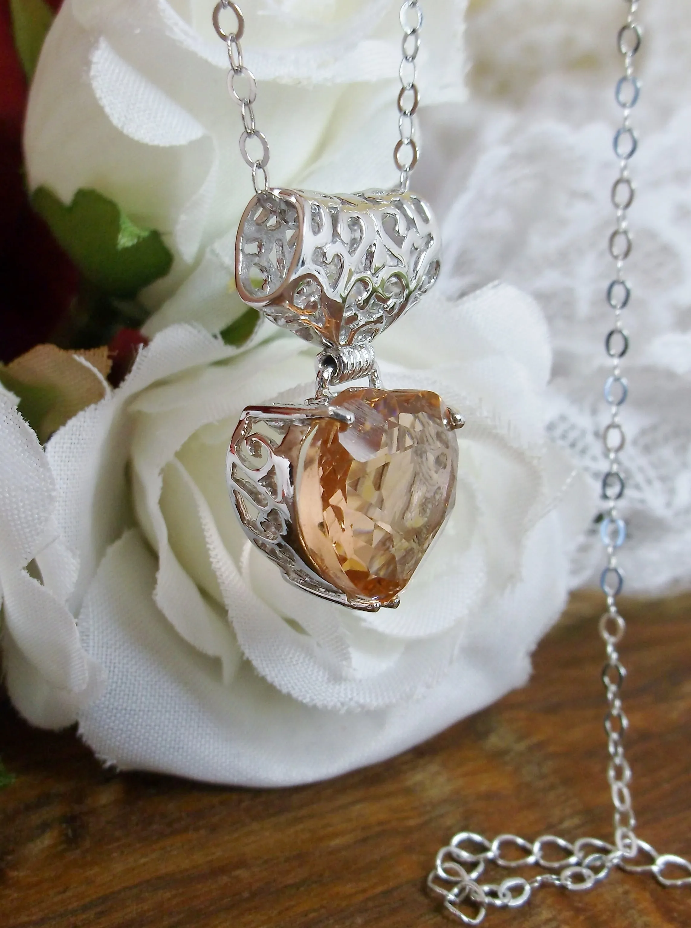 Peach Topaz Pendant, Heart Gem, Art Nouveau Necklace #P38