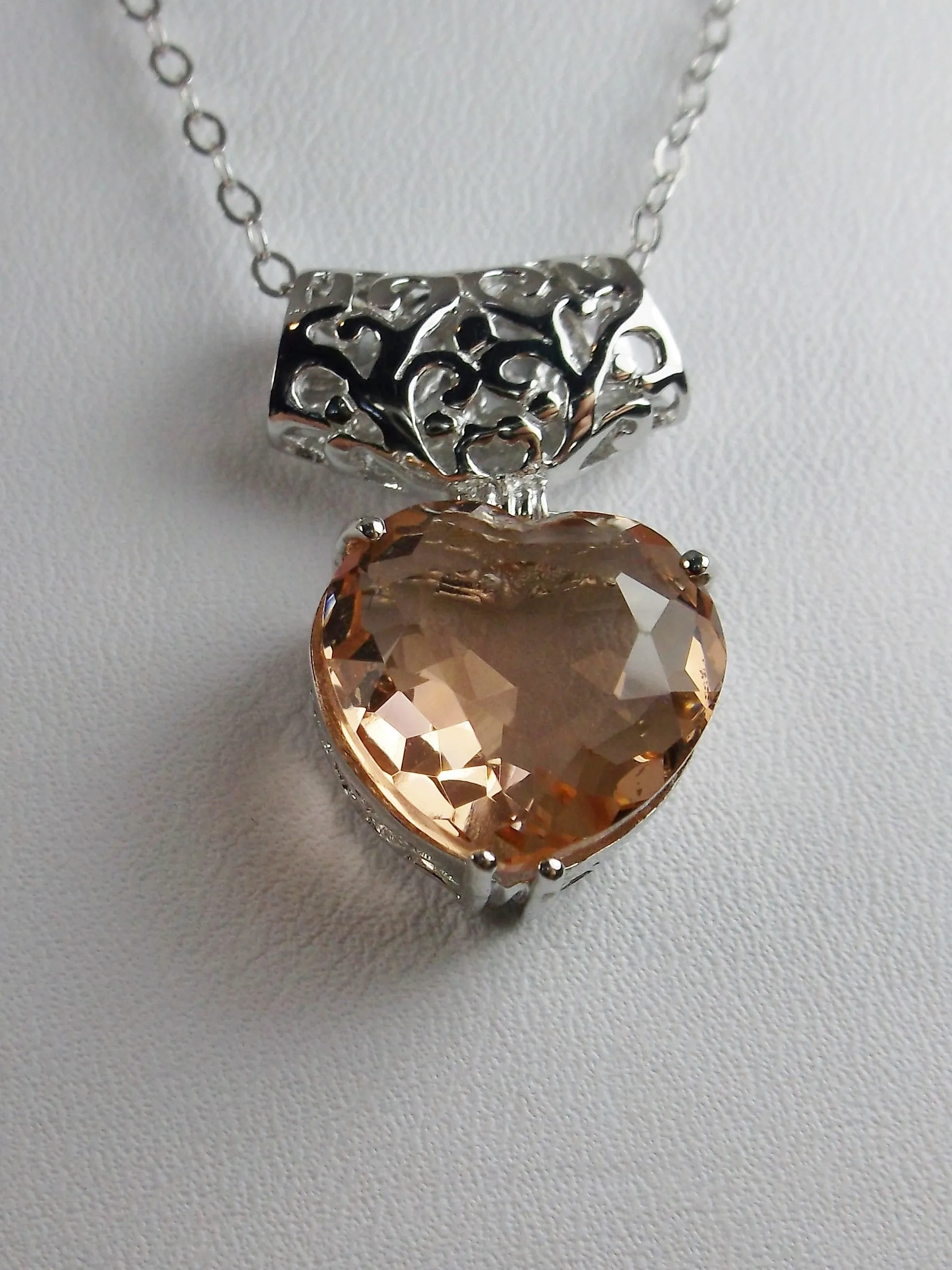 Peach Topaz Pendant, Heart Gem, Art Nouveau Necklace #P38