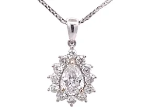 Pear Shaped Diamond Halo Pendant in 18k White Gold with Chain